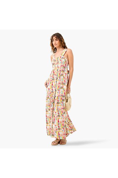 FAV Printed Sleeveless Dress with Square Neck and Frill Detail