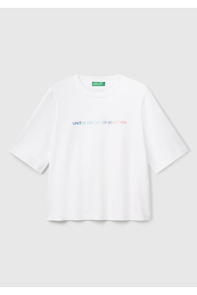 United Colors of Benetton Γυναικείο μπλουζάκι με λευκό μείγμα 100% βαμβακερό λογότυπο με στάμπα με πλεκτό ώμο