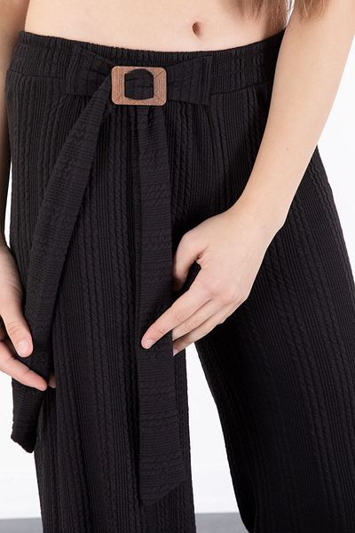 Cansın Mini Black Belt Detailed Wide Leg Girl's Knitted Patterned Trousers 20488