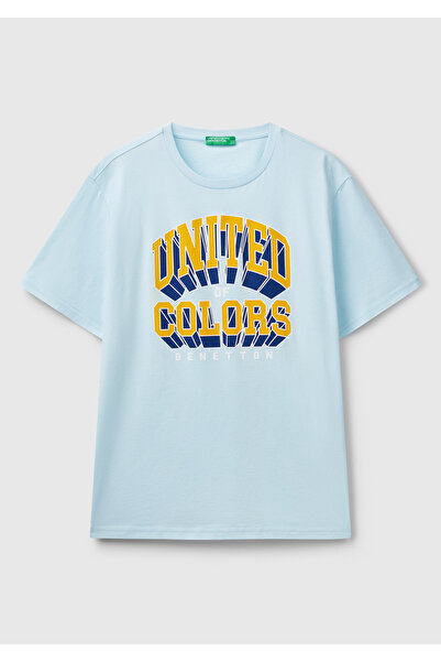 United Colors of Benetton Men's Light Blue 100% Cotton Relax Fit T-Shirt with Logo Printed on the Front
