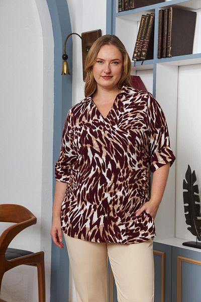 RMG Large Size Sleeve Layered Leopard Blouse Claret Red