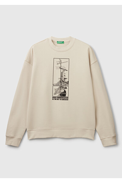 United Colors of Benetton Ανδρικό φούτερ Relax Fit σε χρώμα πέτρας από βαμβακερό μείγμα με στάμπα μπροστά