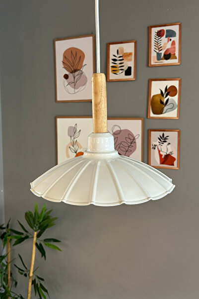 Bamyum Risso Beyaz Tekli Metal Avize Ahşap Başlık Cafe Mutfak Modern Dekoratif Sarkıt Aydınlatma