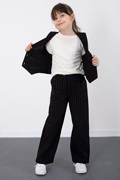 Cansın Mini Black Stripe Patterned Vest and Wide Leg Trousers Girl's Badi 3 Piece Set 20493