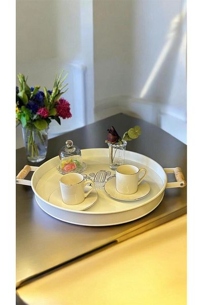 Bayev 37 cm Wooden Handle White Metal Round Tray - Breakfast Presentation Tray