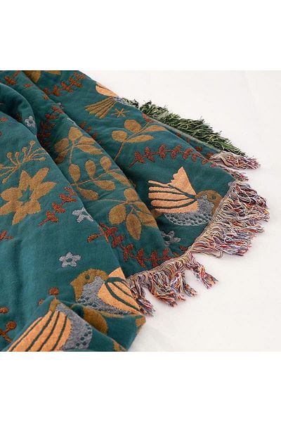 COOYA Boho Throw Blanket, 100% Cotton Woven Blanket for Couch Sofa Bed, Soft Muslin Quilt, Blue 60”x 80”