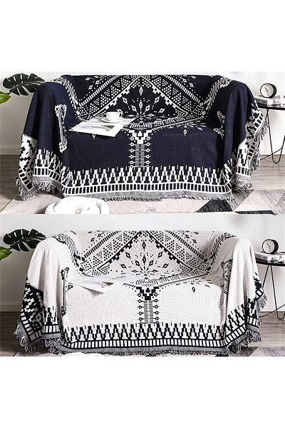 COOYA Sofa Throw Blankets, Black and White Geometric, Cotton Reversible Carpet, 71"X 90"