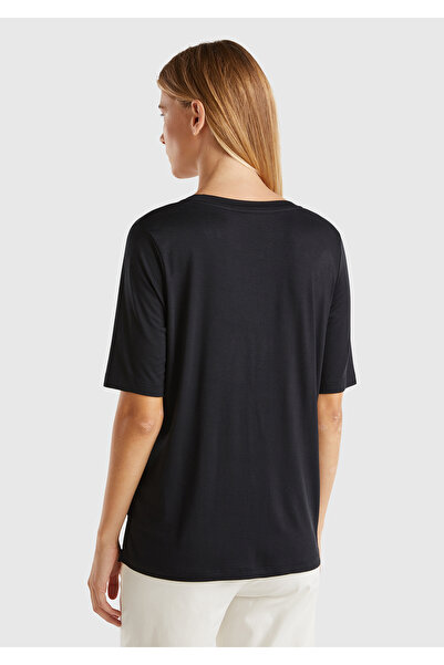 United Colors of Benetton Women's Black Eco-Viscose Regular Fit V-Neck T-Shirt