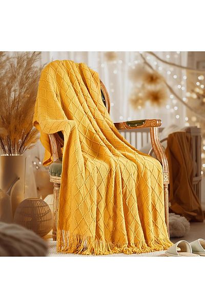 COOYA Knitted Throw Blankets for Couch, Mustard Yellow Lightweight Decorative Blankets and Throws, 50"x61"