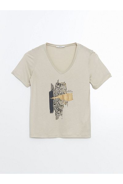 LC Waikiki Tricou de damă cu decolteu în V cu imprimeu nou sezon - S5KR14Z8