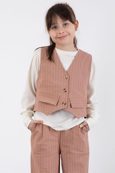 Cansın Mini Brown Stripe Patterned Vest, Wide Leg Trousers, Girl's Badge 3 Piece Set 20492