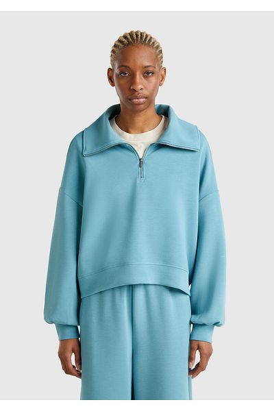 United Colors of Benetton Hanorac de damă, albastru, în amestec modal, cu jumătate de fermoar, cu gât polo