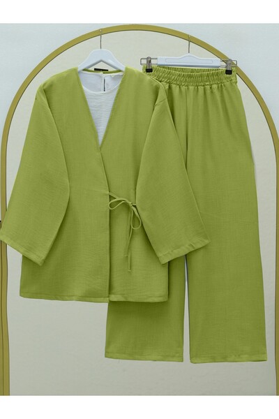 Modamorfo Wide Leg Double Linen Set with Side Laces - Oil Green