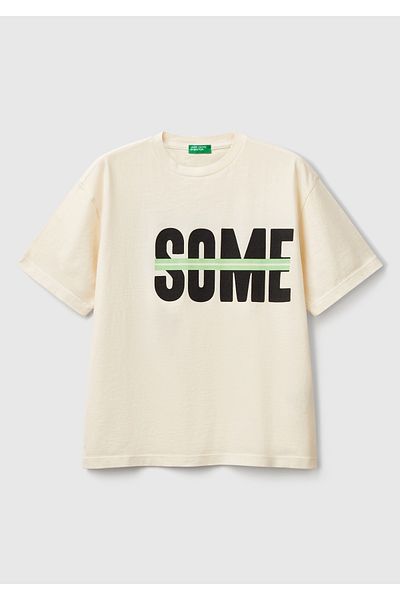 United Colors of Benetton Boy's Ecru Slogan Printed Faded Effect T-Shirt