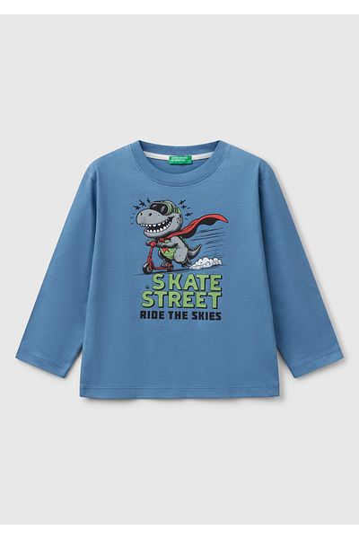 United Colors of Benetton Tricou cu mânecă lungă pentru băiat Airman Blue cu imprimeu în față
