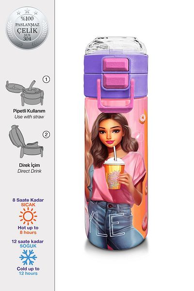 Coral High Kids Pink Coral Fashion Girl Patterned Straw and Direct Drinking Steel Thermos 500 ml 31869