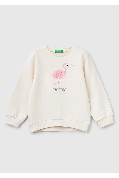 United Colors of Benetton Girl's Ecru Graphic Printed Ribbed Crew Neck Sweatshirt