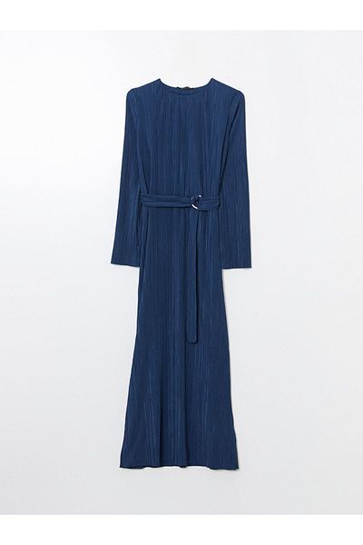 LC Waikiki Lcw Vision Indigo Crew Neck Textured Krinkle Women Dress