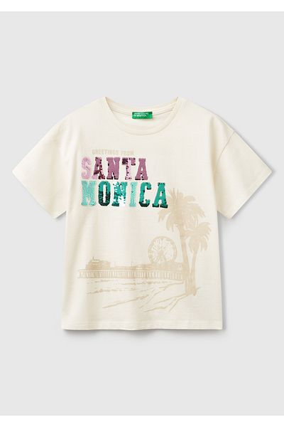 United Colors of Benetton Girl's Ecru Front Sequin Embroidered Printed T-Shirt