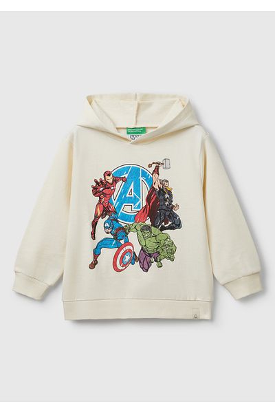 United Colors of Benetton Момчешки суитшърт с качулка в екрю цвят Marvel Hero Print Label Logo