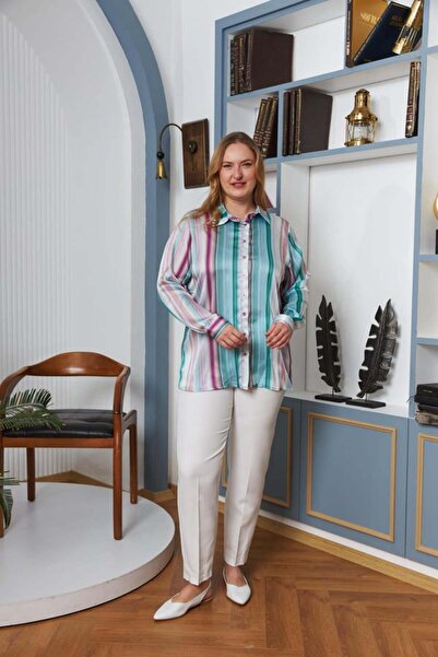 RMG Cămașă din satin de mărime mare cu model de dungi Liliac1