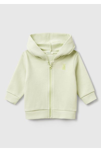 United Colors of Benetton Baby Water Green Chest Rabbit Logo Embroidered Hooded Sweatshirt with Ears