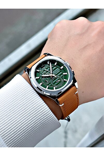 Ferrucci Function Fonksiyonlu Kahverengi-yeşil Renk 3 Atm Su Geçirmez Deri Kordon Erkek Kol Saati