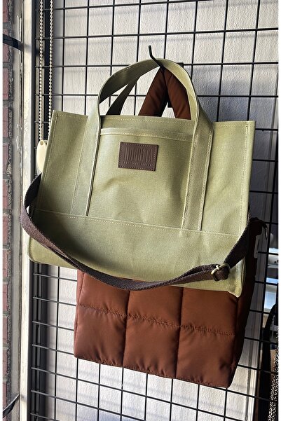 Nuggita Kadın Totebag Fıstık Yeşili Mumlu Kanvas Çanta - Orijinal Boy