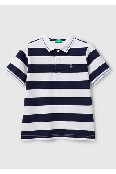 United Colors of Benetton Boy's Navy Blue Mix Striped Logo Embroidered Polo T-Shirt