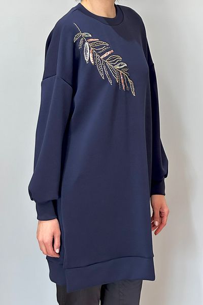 REMSA Sequin Leaf Embroidered Modal Sweat Tunic 10629 Navy Blue