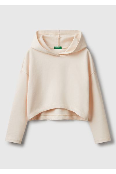 United Colors of Benetton Girl's Ecru Hooded Relax Fit Sweatshirt with Logo Label on the Back