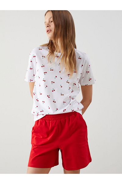 LC Waikiki Γυναικείο μπλουζάκι με στάμπα LCW Crew Neck Cherry