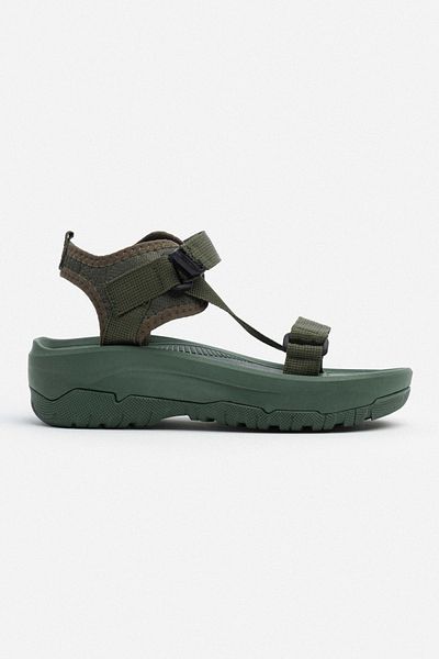 NİŞANTAŞI SHOES S-Step Khaki Cross Detail Klettverschluss dicke Sohle Damen Sandalen