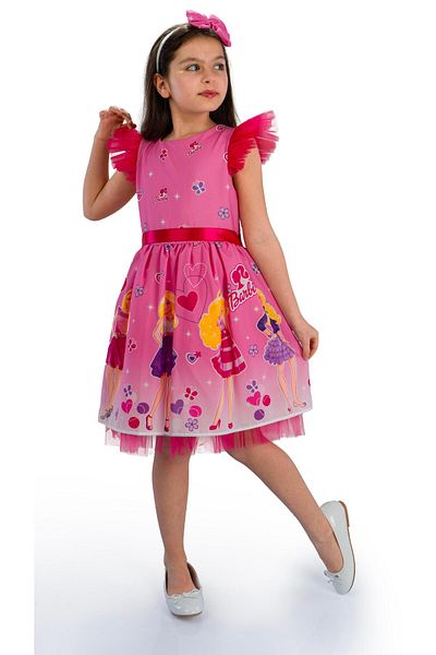 Buse&Eylül Bebe Pink Printed Crown Girl's Birthday Party Dress