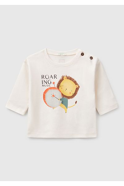 United Colors of Benetton Baby Ecru Graphic Printed Long Sleeve T-Shirt with Logo Detail on the Back