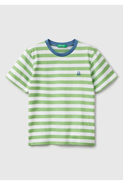 United Colors of Benetton Tricou cu dungi verde fistic pentru băiat cu logo brodat pe față