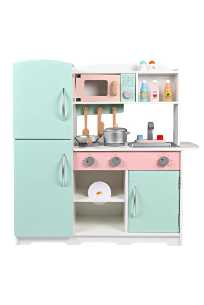 Ma Baby Wooden Pretend Play Kitchen Set Toy Kitchen Set with Stove,Oven,Sink,Fridge and 11 Pcs