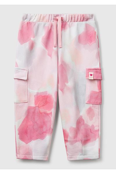 United Colors of Benetton Girl's Pink Mix All Patterned Cargo Sweatpants with Logo Label and Patch Pocket