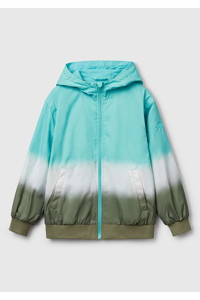 United Colors of Benetton Boy's Turquoise Sleeve Logo Embroidered Zippered Hooded Raincoat