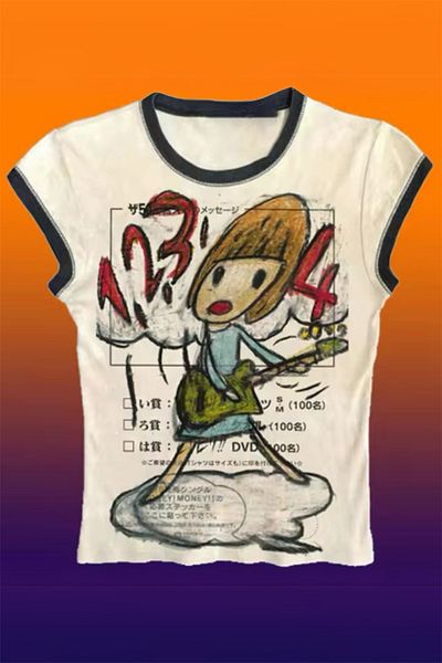 Karakedi Ecru Guitarist Girl Y2K Short Sleeve Crop