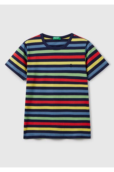 United Colors of Benetton Tricou pentru băiat, în culoarea închisă, cu dungi în față, cu logo brodat