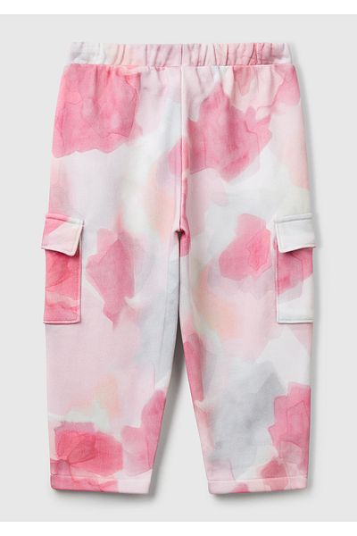 United Colors of Benetton Girl's Pink Mix All Patterned Cargo Sweatpants with Logo Label and Patch Pocket