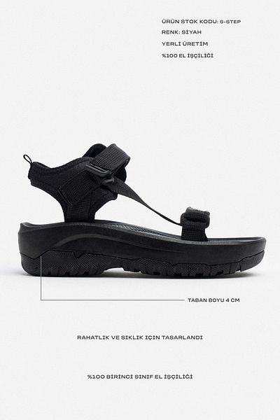 NİŞANTAŞI SHOES S-Step Damen-Sandalen mit Klettverschluss und dicker Sohle in Schwarz mit Kreuzdetail