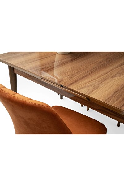 Evistro Kelebek Ceviz Renk Ahşap Salon Yemek Masa Sandalye Takımı 4 Sandalyeli Ortadan Açılır Büyüyen 60x100