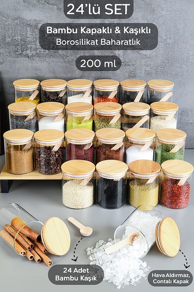Meleni Home Set of 24 Bamboo Lids and Spoons Glass Spice Shakers - Vacuum Glass Jar Spice Storage Container 200 ml