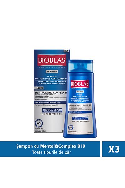 Bioblas Șampon Bărbați anticădere păr și antimătreață Bioblas Mentol și Complex B19 , 360 ml X 3 bucăți