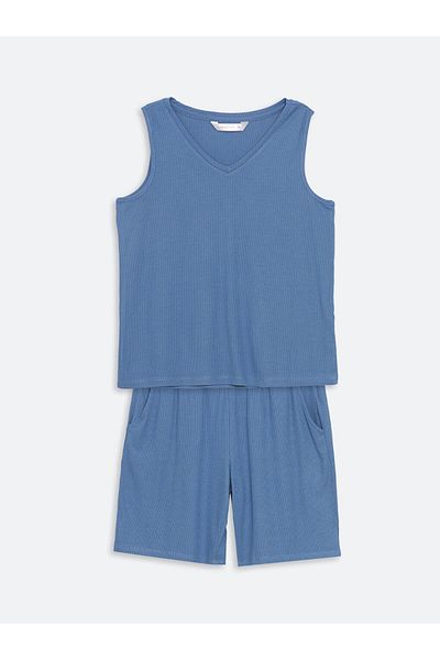 LC Waikiki Lcw Dream Blue V-Neck Textured Women's Shorts Pajama Set