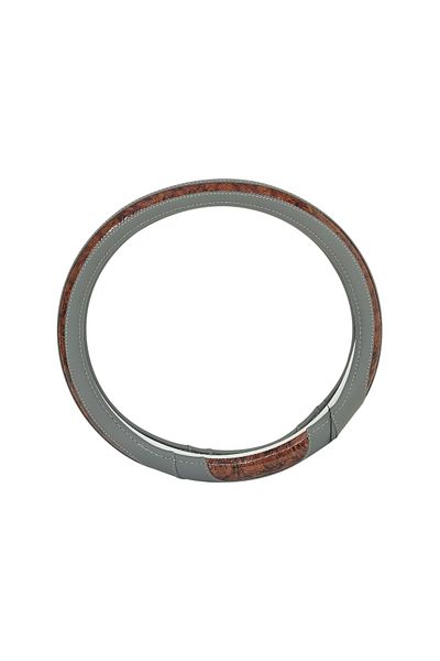 Generic Universal Leather Steering Wheel Cover – Gray & Wood Grain, Anti-Slip, 35-40cm, Comfortable Grip