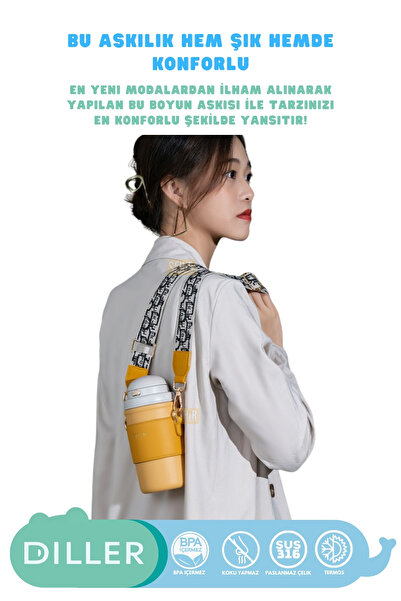 DILLER 580ml New Collection Fashion Leather Sheathed Pearl Decorated Stainless Steel Thermos Flask with Straw and Strap