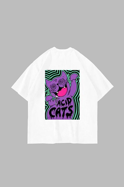 Sekizbiraltı Μπλουζάκι Unisex με Acid Cat Back Printed Λευκό Oversize